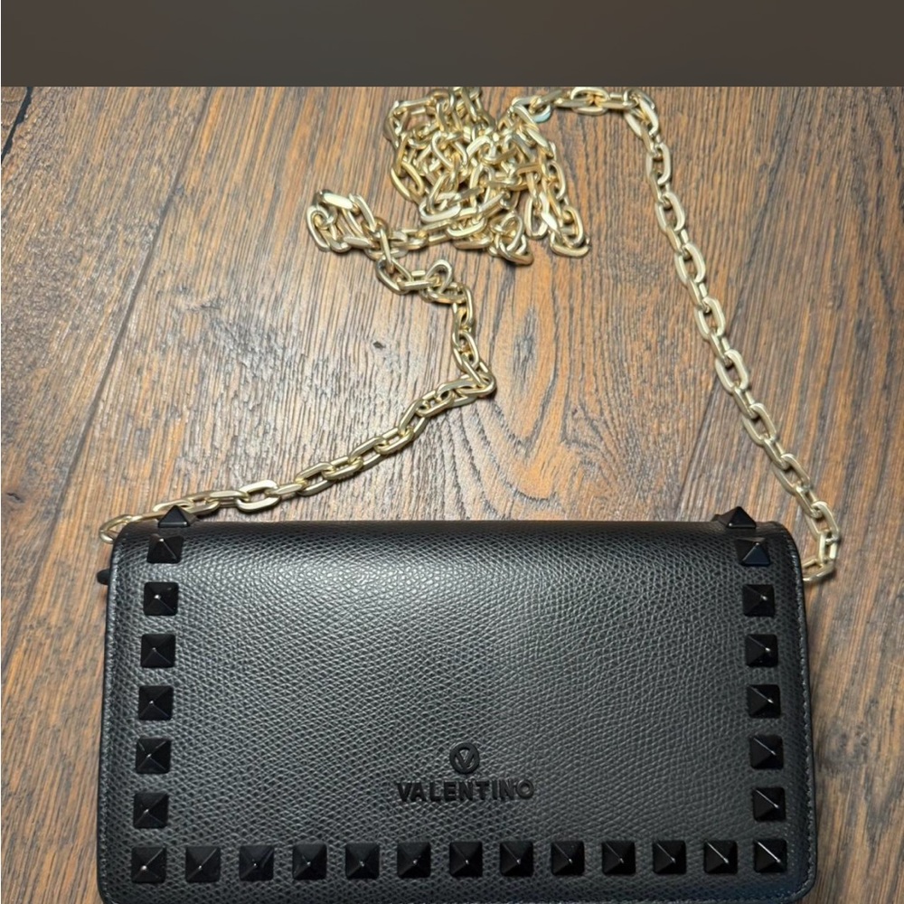 Valentino Black Leather Rockstud Crossbody with Gold Chain